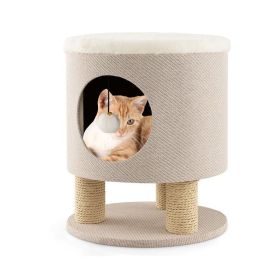 Cat Stool Bed with Scratching Posts and Plush Ball Toy (Color: Beige, type: Pet entertainment)